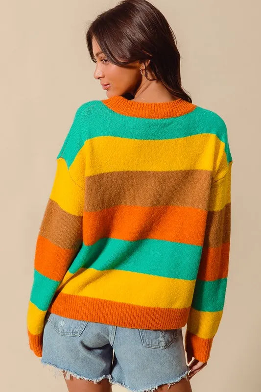 SO ME Multi Color Stripe Sweater with Ribbed Detail