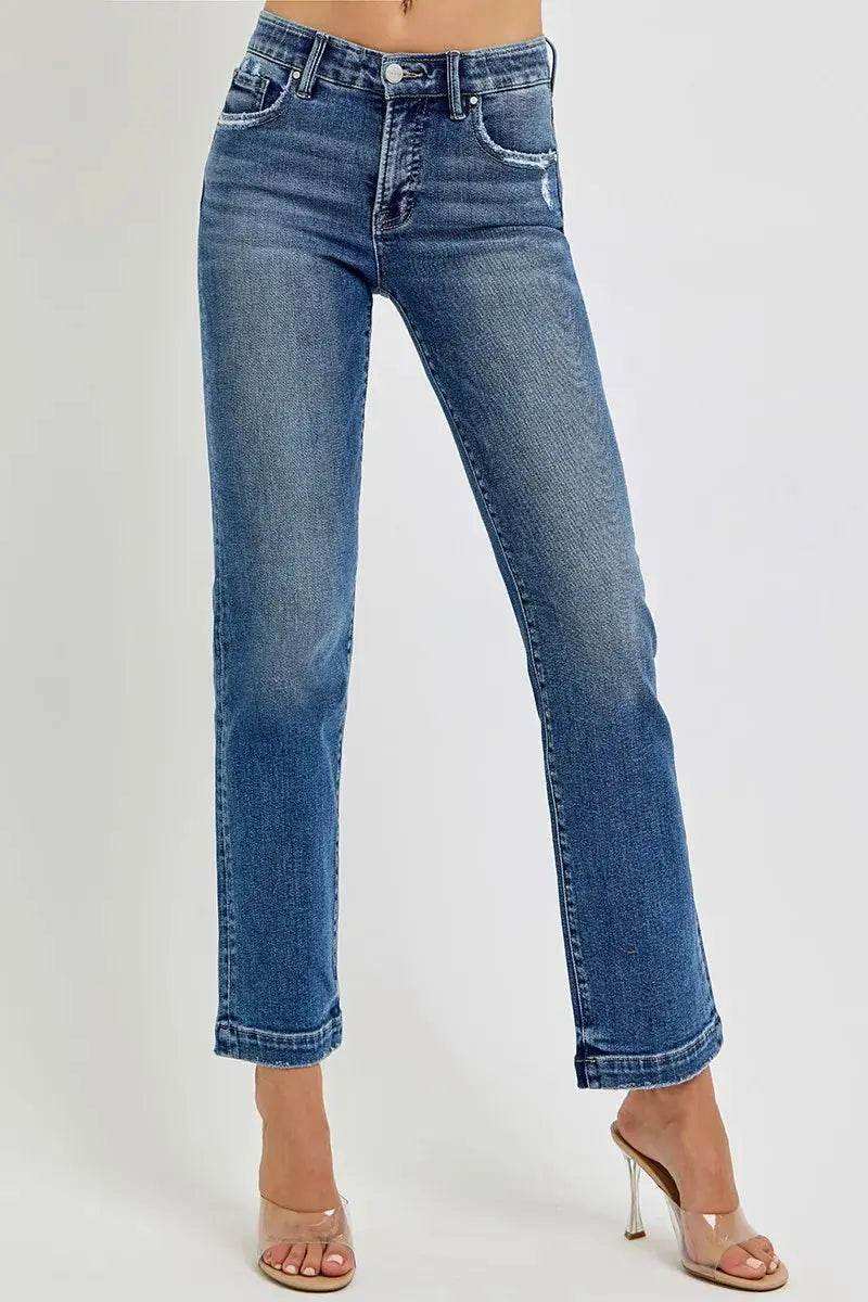 RISEN Tummy Control Elastic Band Mid Rise Straight Jeans