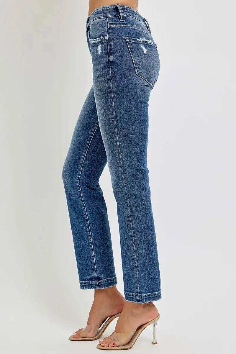 RISEN Tummy Control Elastic Band Mid Rise Straight Jeans