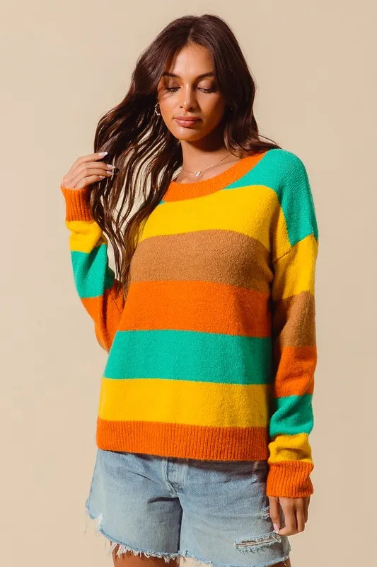 SO ME Multi Color Stripe Sweater with Ribbed Detail