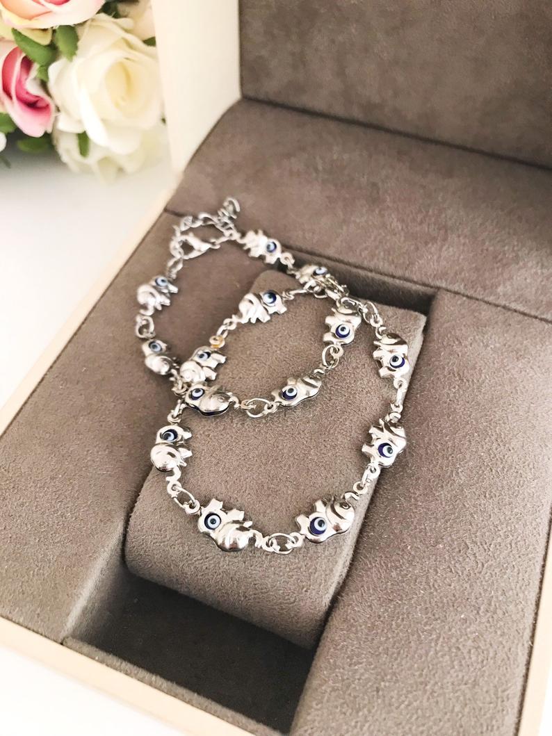 Elephant Evil Eye Bracelet, Gold Silver Chain Bracelet, Lucky Charm