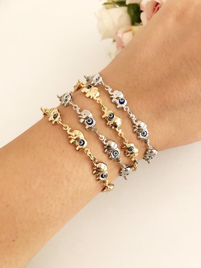 Elephant Evil Eye Bracelet, Gold Silver Chain Bracelet, Lucky Charm