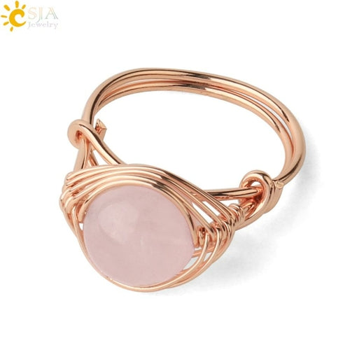 CSJA Round Bead Natural Stones Ring Rose Gold Color Wire Wrap Handmade