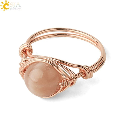 CSJA Round Bead Natural Stones Ring Rose Gold Color Wire Wrap Handmade
