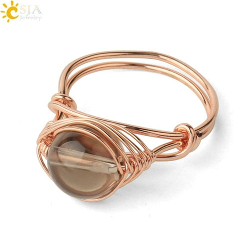 CSJA Round Bead Natural Stones Ring Rose Gold Color Wire Wrap Handmade