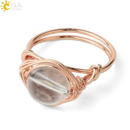 CSJA Round Bead Natural Stones Ring Rose Gold Color Wire Wrap Handmade