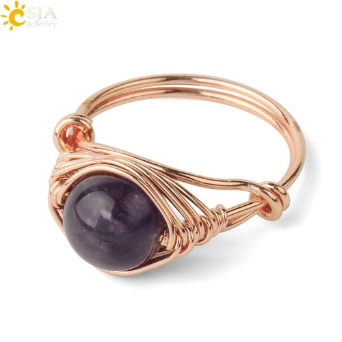 CSJA Round Bead Natural Stones Ring Rose Gold Color Wire Wrap Handmade