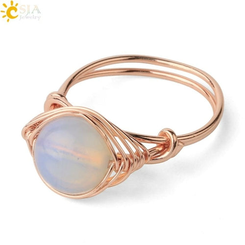 CSJA Round Bead Natural Stones Ring Rose Gold Color Wire Wrap Handmade
