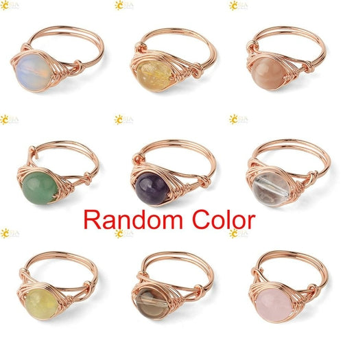 CSJA Round Bead Natural Stones Ring Rose Gold Color Wire Wrap Handmade